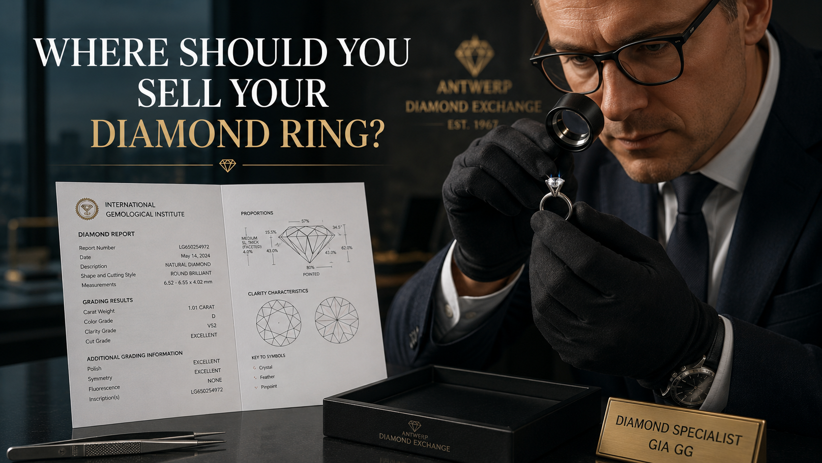 Natural diamond ring being evaluated by a specialist diamond buyer