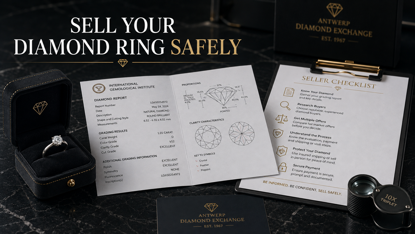 Natural diamond ring and documents prepared for a safe professional sale