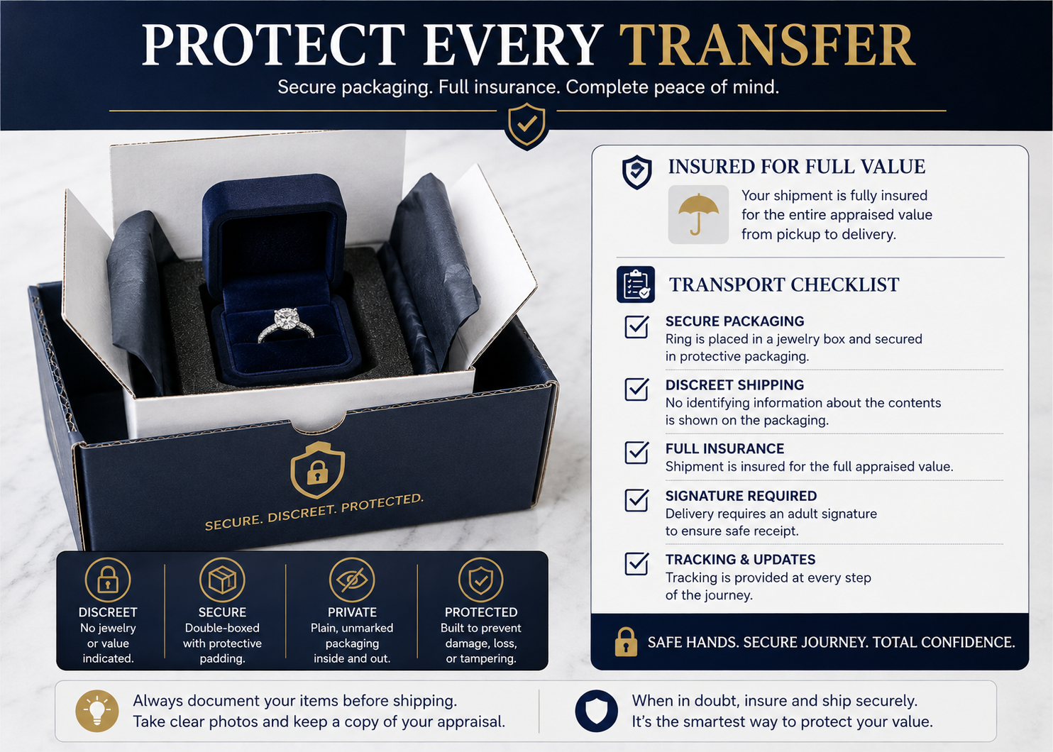 Secure packaging and documented transport for a diamond ring