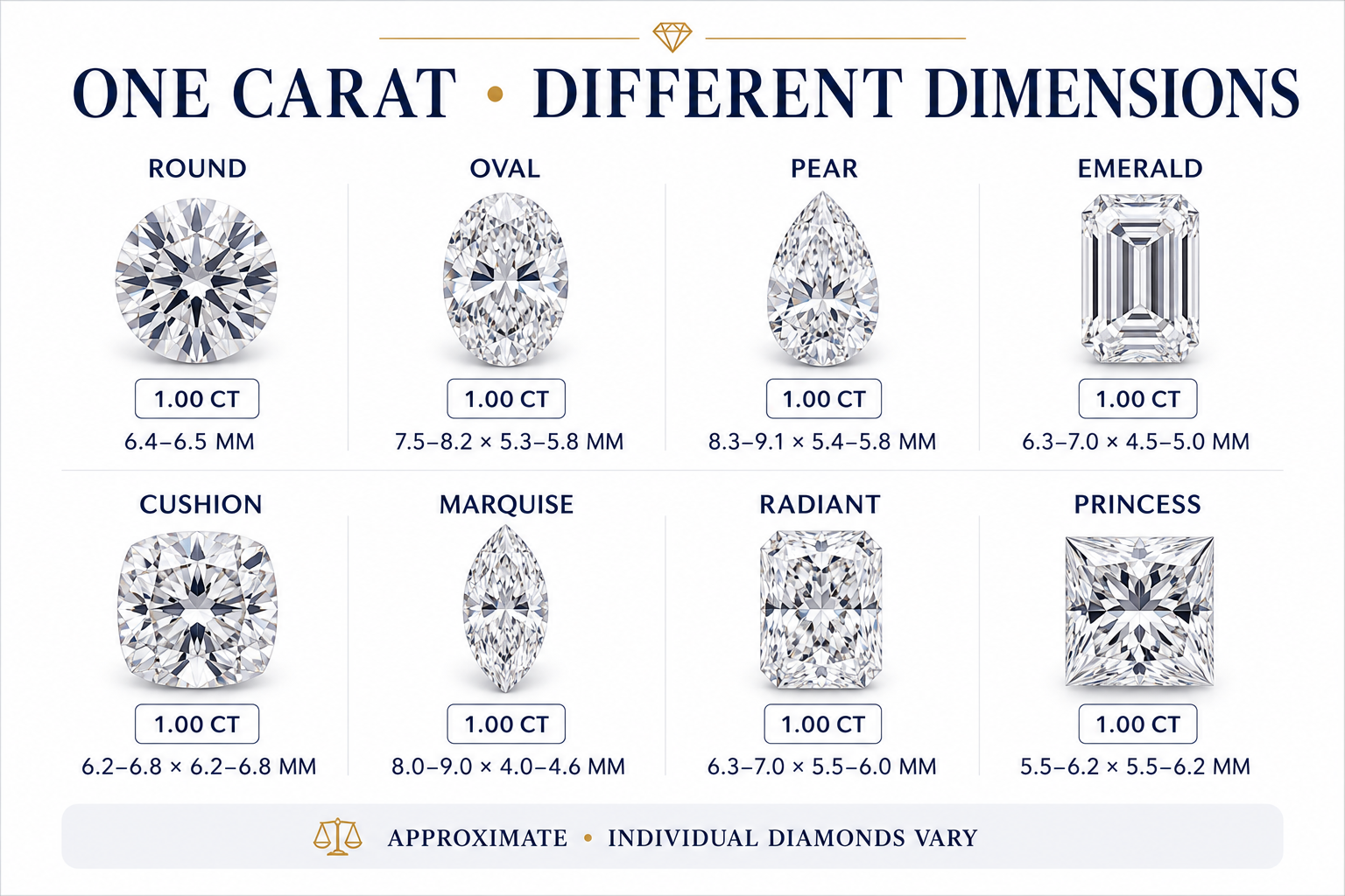 One-carat natural diamonds in different shapes compared side by side