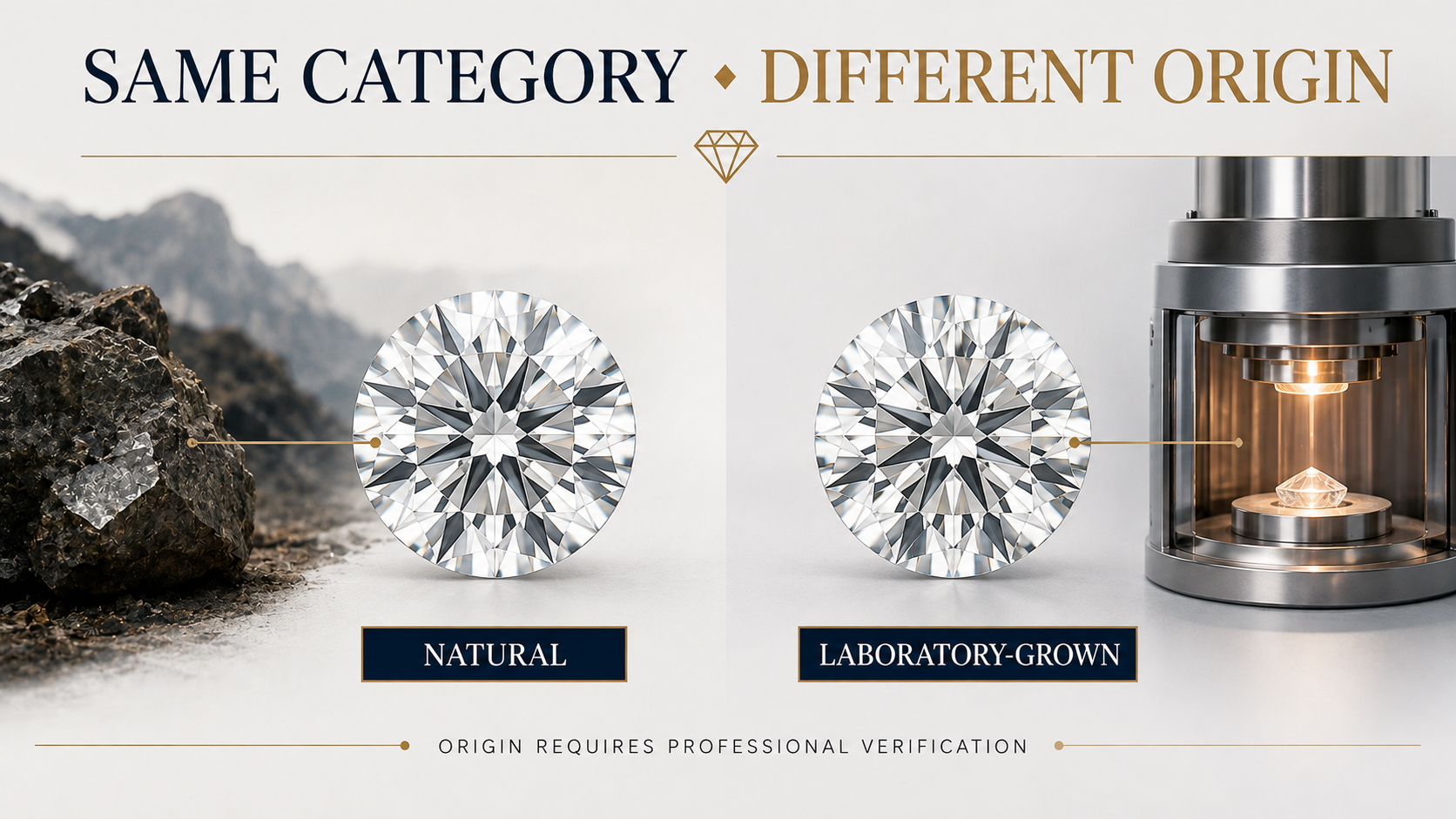 Natural and laboratory-grown diamonds compared by origin and appearance