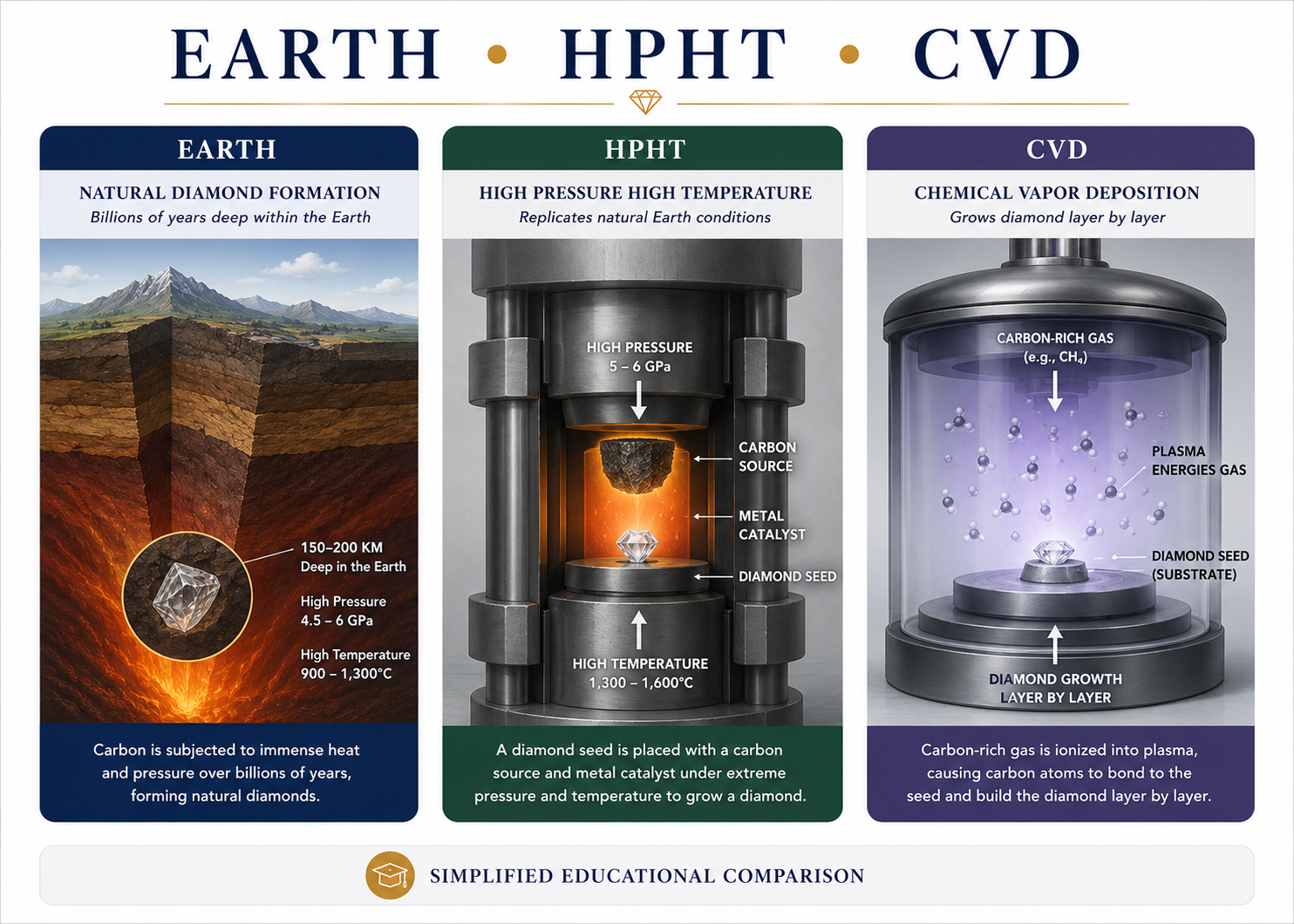 Natural diamond formation compared with HPHT and CVD diamond growth