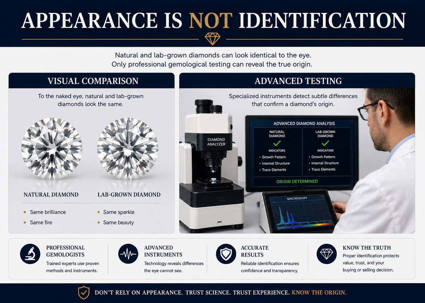 Natural and laboratory-grown diamonds undergoing professional identification